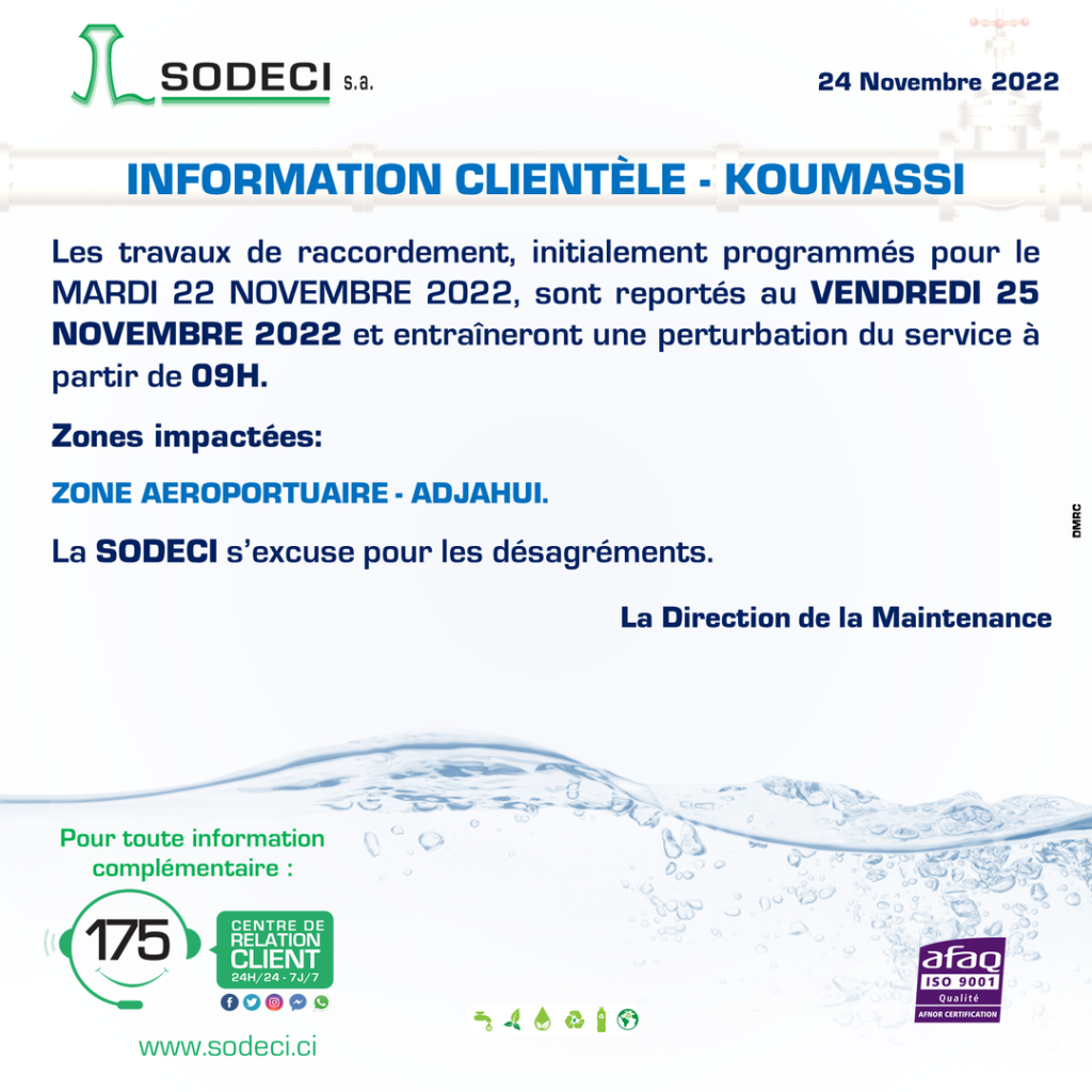 La Sodeci Annonce Une Coupure D Eau Koumassi Ce Novembre Les