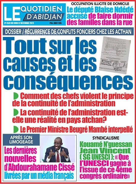 Titrologie 7 décembre 2023 revue de la presse ivoirienne Guikahué