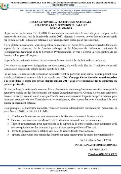 Déclaration de la plateforme