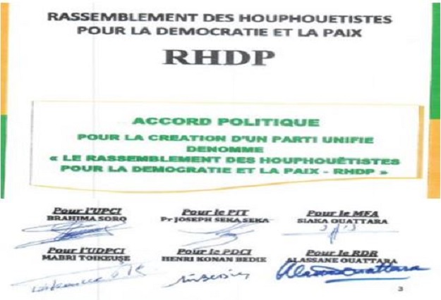 Les responsables du RHDP ont signé l'accord politique en vue de la création d'un parti unifié