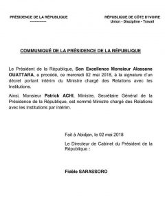 Patrick Achi nommé ministre chargé des Relations avec les institutions, par intérim