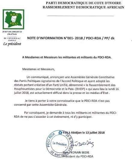 Henri Konan Bédié invite les militants du PDCI à ne pas participer à l'AG du parti à unifier