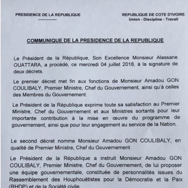 Communiqué de la Présidence sur la dissolution du gouvernement ivoirien
