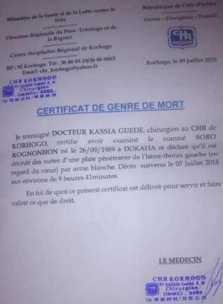 Le certificat de genre de mort montre bien que Kognon Soro est décédé suite à une agression à la machette