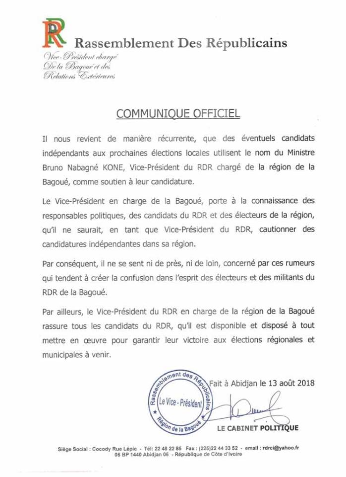 Communiqué de Bruno Koné dénonçant l'utilisation de son nom par des candidats indépendants issus du RDR
