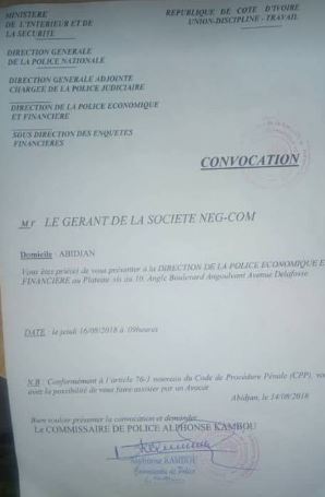Copie de la convocation adressée à NEG-Com
