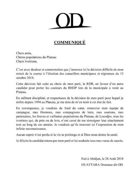 Le courrier d'abdication de Ouattara Dramane OD