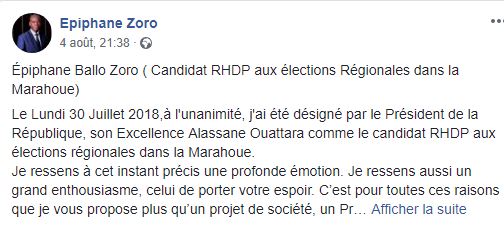Le post d'Epiphane Zorro Bi s'autoproclamant candidat du RHDP, sans l'avis des autres partis