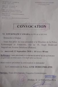 Copie de la convocation de Loukimane Camara, par la police économique