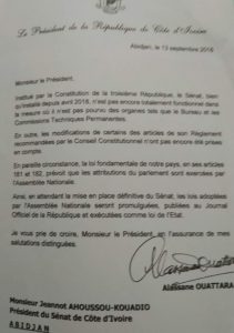 Le courrier d'Alassane Ouattara adressé à Jeannot Ahoussou-Kouadio, en violation du principe de séparation des pouvoirs
