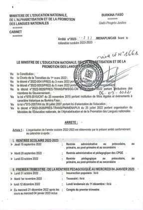 Burkina: le calendrier scolaire 2022-2023 dévoilé, les dates des 3 