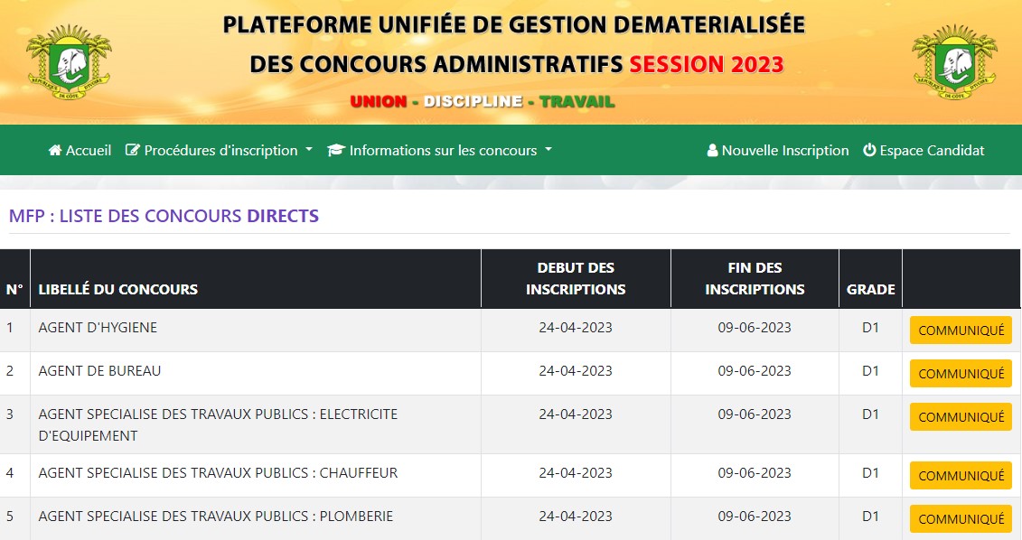 Concours Fonction Publique 2023 Côte d’Ivoire voici la liste des