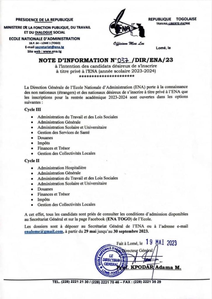 Le concours ENA TOGO 2023 lancé conditions et inscription