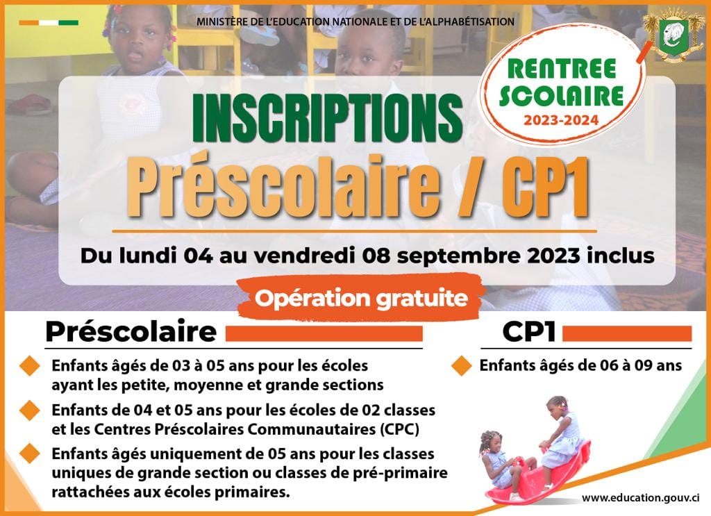 Rentrée scolaire 20232024 Côte d'Ivoire inscriptions au CP1