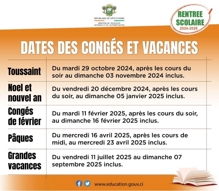 Calendrier des congés scolaires 20242025 CI Dates clés